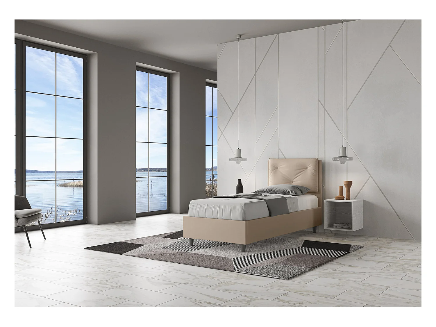 Lit rembourré en simili cuir gris tourterelle Appia sans sommier 80x210