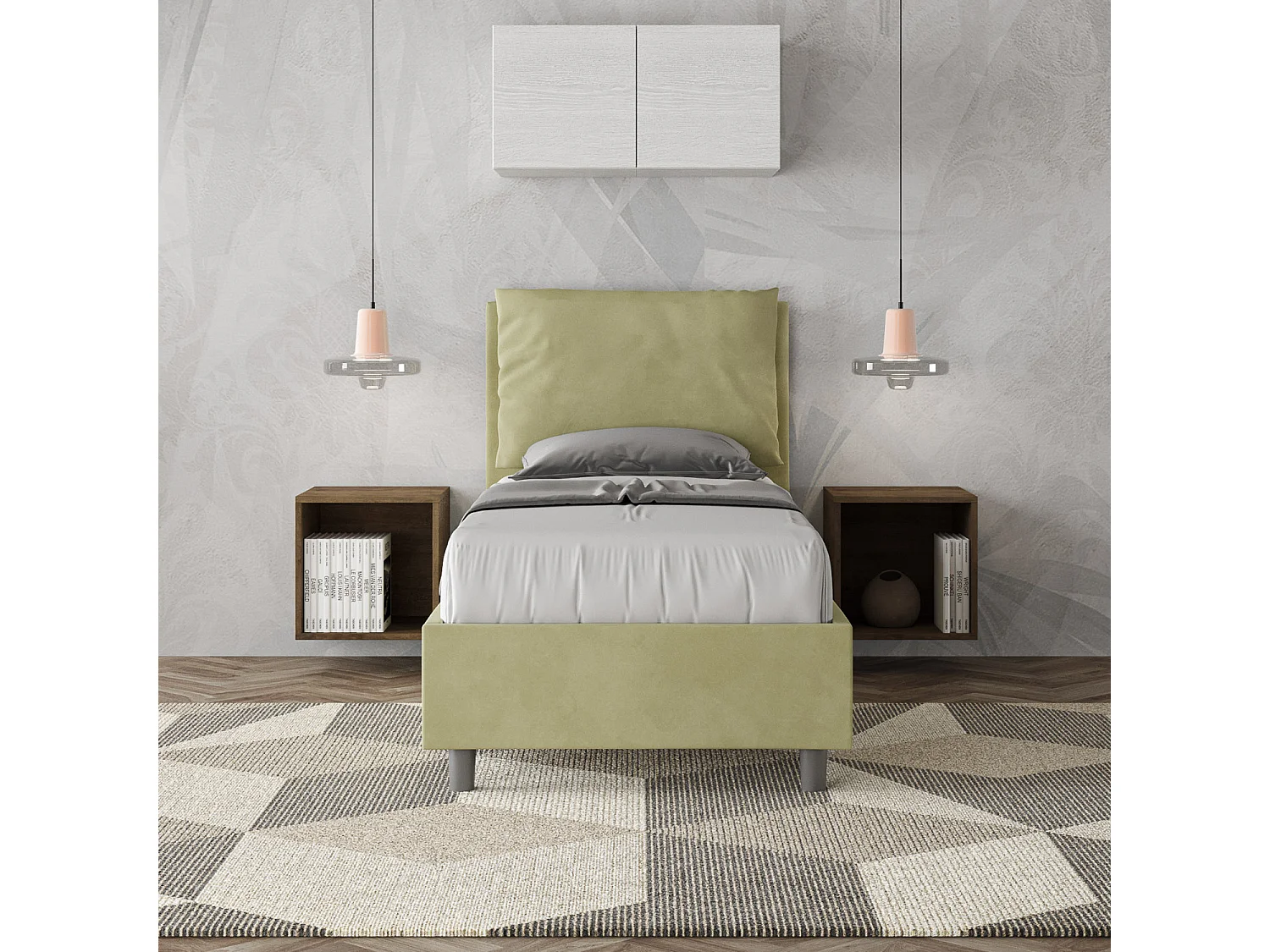 Cama Antea té verde microfibra con somier acolchado 80x200