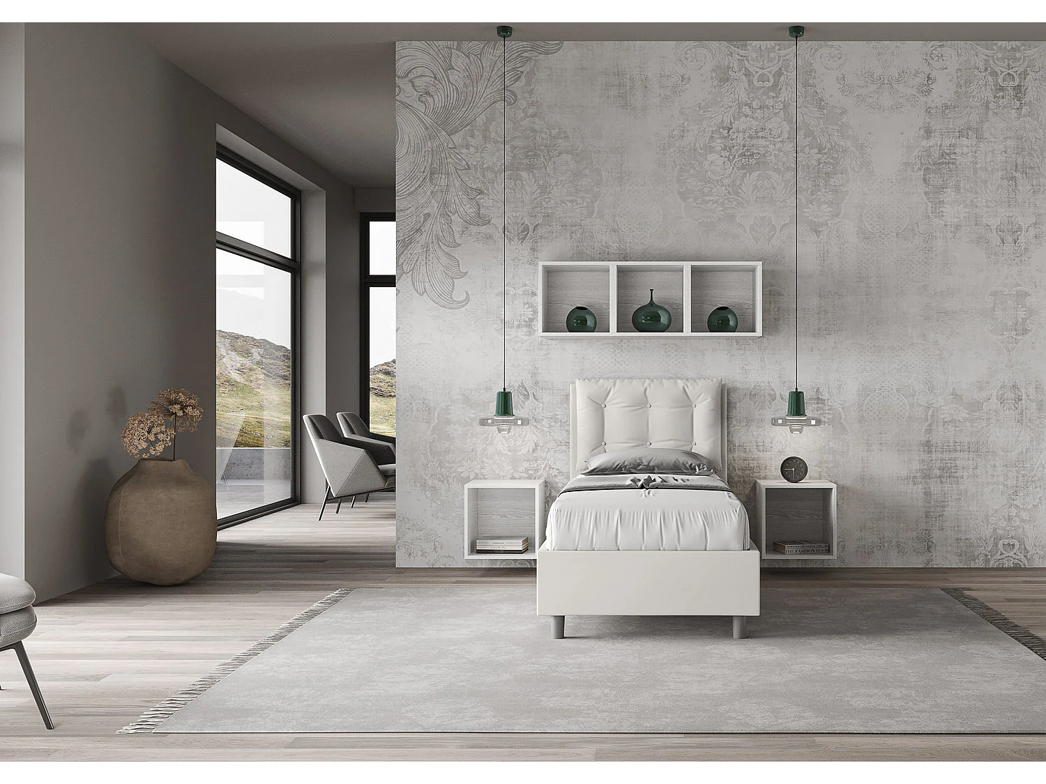 Cama Annalisa em imitação de pele branca com base estofada 80x200