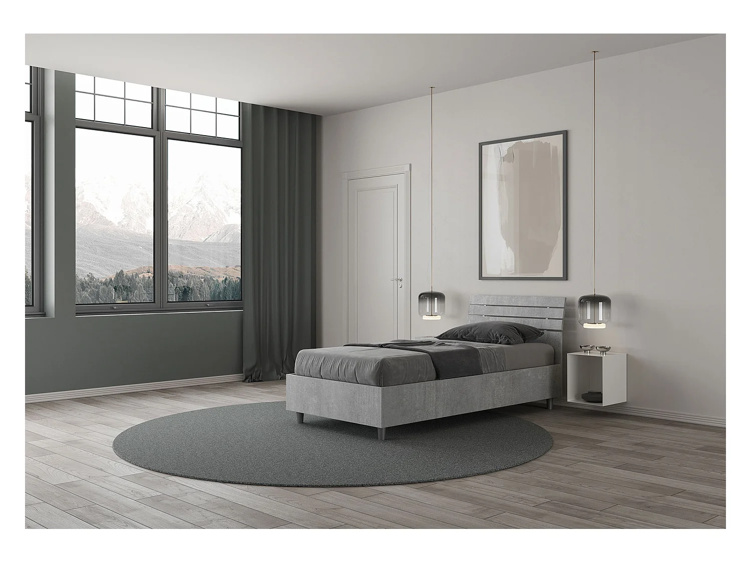 Cama con somier de láminas de 80x200, cabecero inclinado con lamas de cemento Ankel