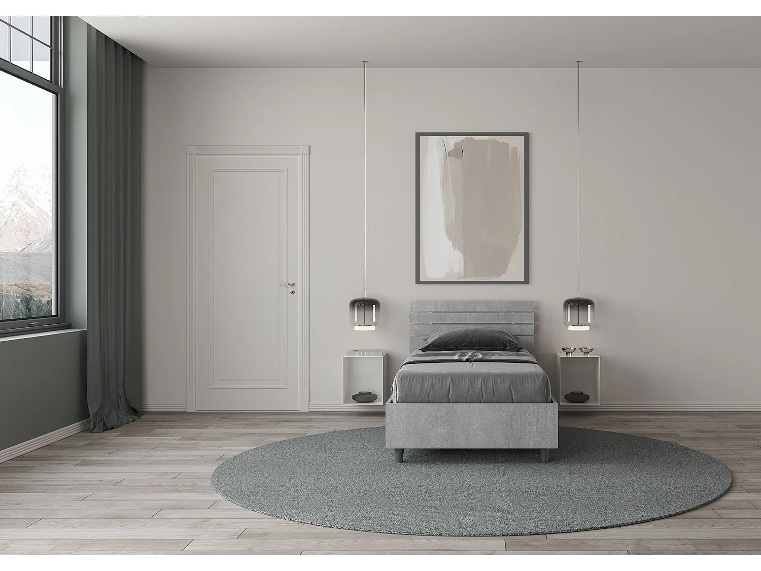 Cama con somier de láminas de 80x200, cabecero inclinado con lamas de cemento Ankel