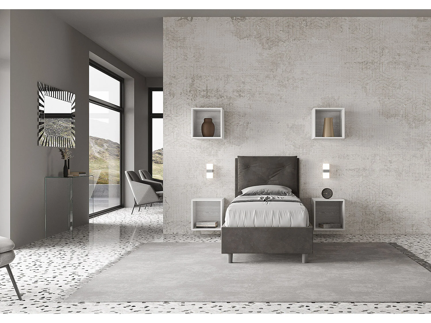 Letto senza rete imbottito 80x210 microfibra grigio Appia