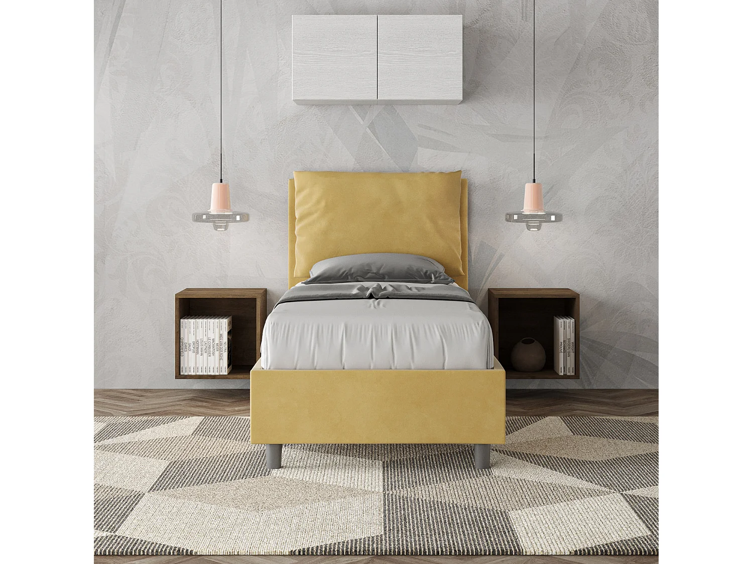 Lit capitonné en microfibre Antea 80x200 ocre sans sommier