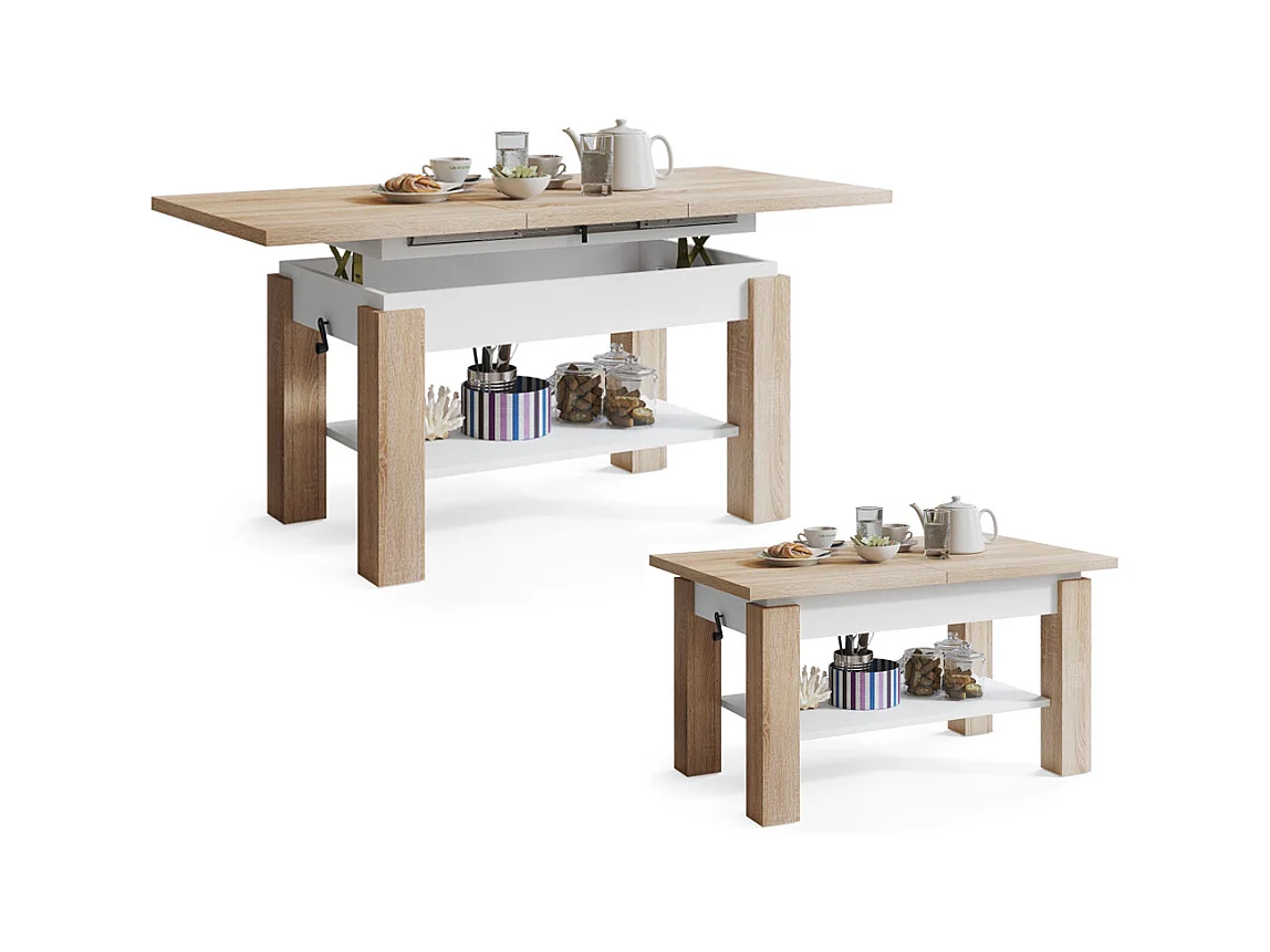 TABLE BASSE JIMMY BOIS / BLANC RELEVABLE + EXTENSIBLE JUSQU'A 150 CM