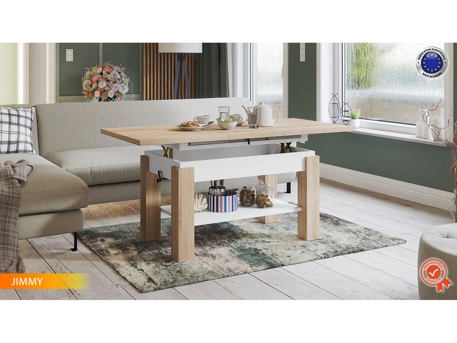 TABLE BASSE JIMMY BOIS / BLANC RELEVABLE + EXTENSIBLE JUSQU'A 150 CM