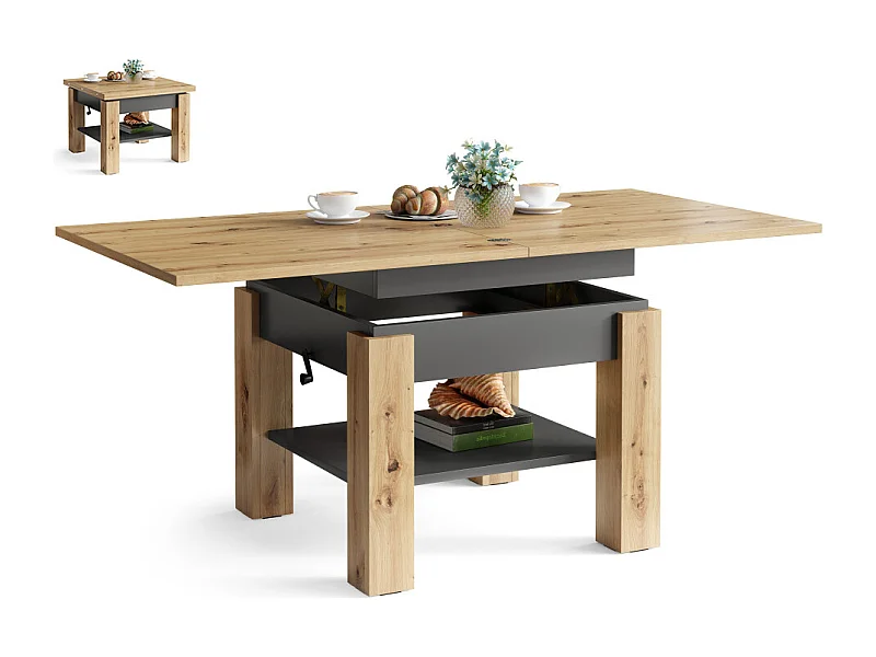 Table Basse Oreo Bois/Gris Relevable + Extensible jusqu'à 150 cm