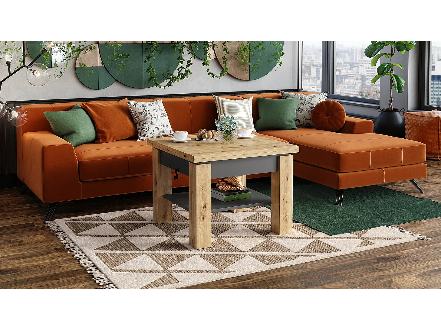 Table Basse Oreo Bois/Gris Relevable + Extensible jusqu'à 150 cm