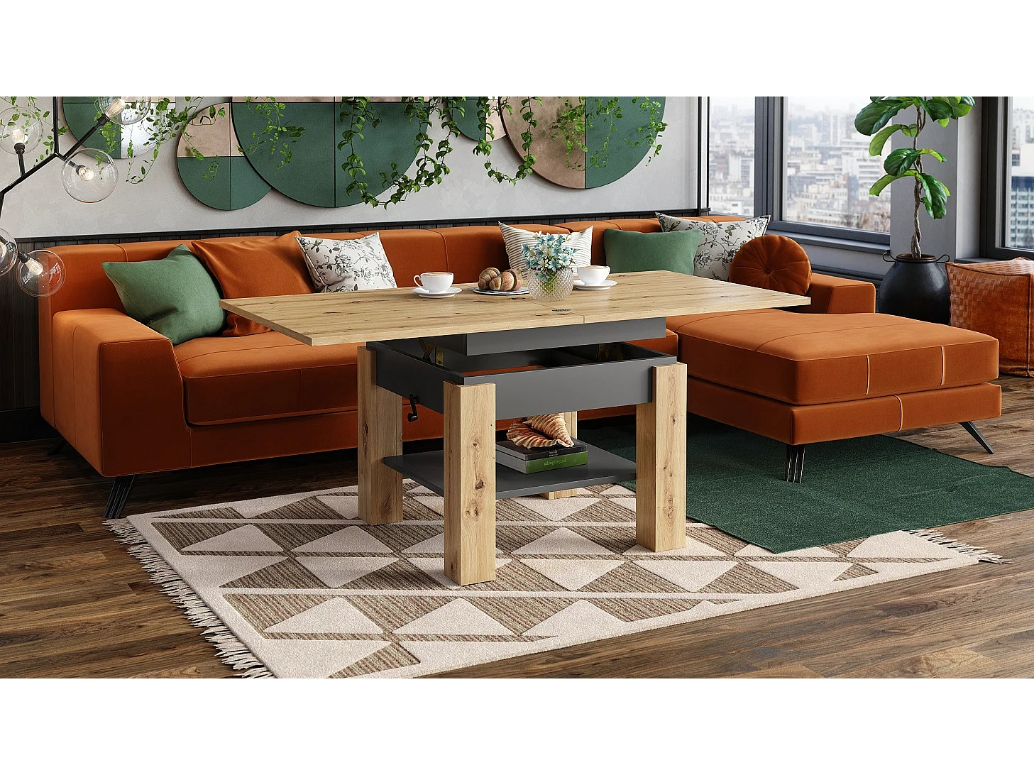 Table Basse Oreo Bois/Gris Relevable + Extensible jusqu'à 150 cm