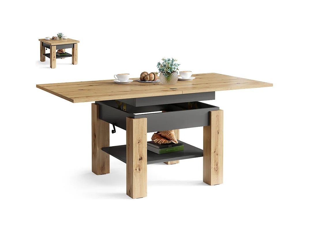 Table Basse Oreo Bois/Gris Relevable + Extensible jusqu'à 150 cm