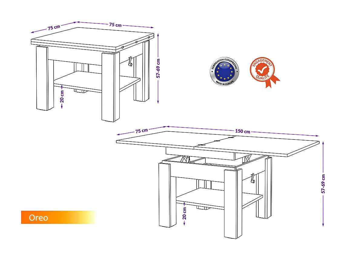 Table Basse Oreo Bois/Gris Relevable + Extensible jusqu'à 150 cm