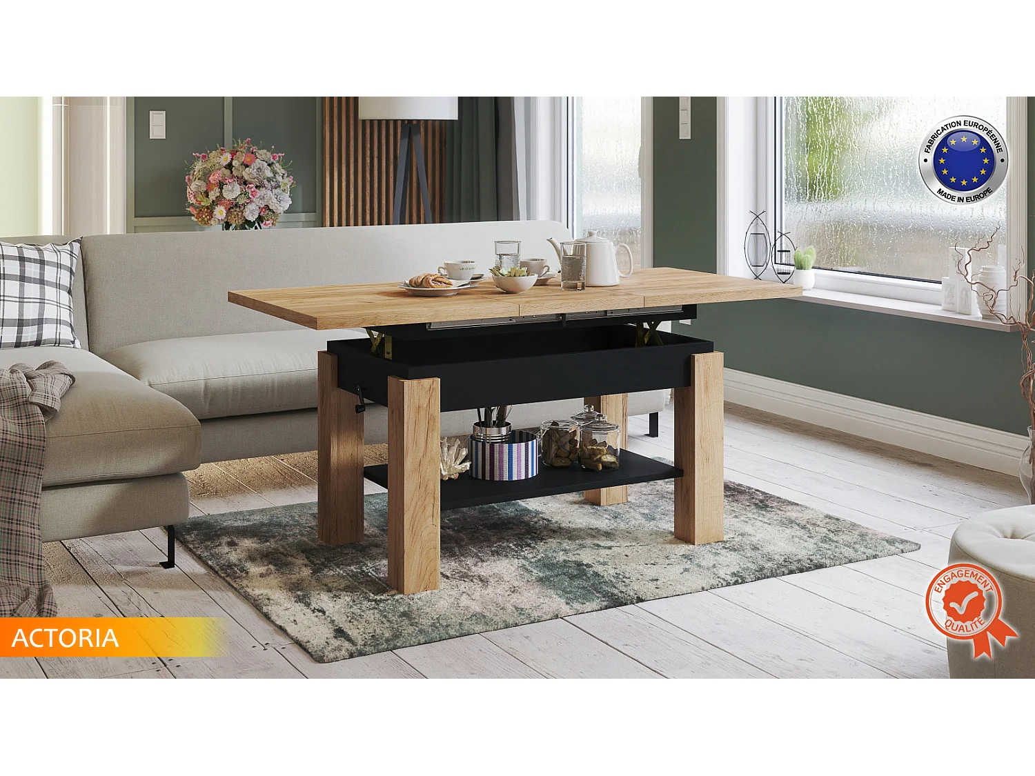 TABLE BASSE ACTORIA NOIR BOIS RELEVABLE ET EXTENSIBLE JUSQU'A 150 CM