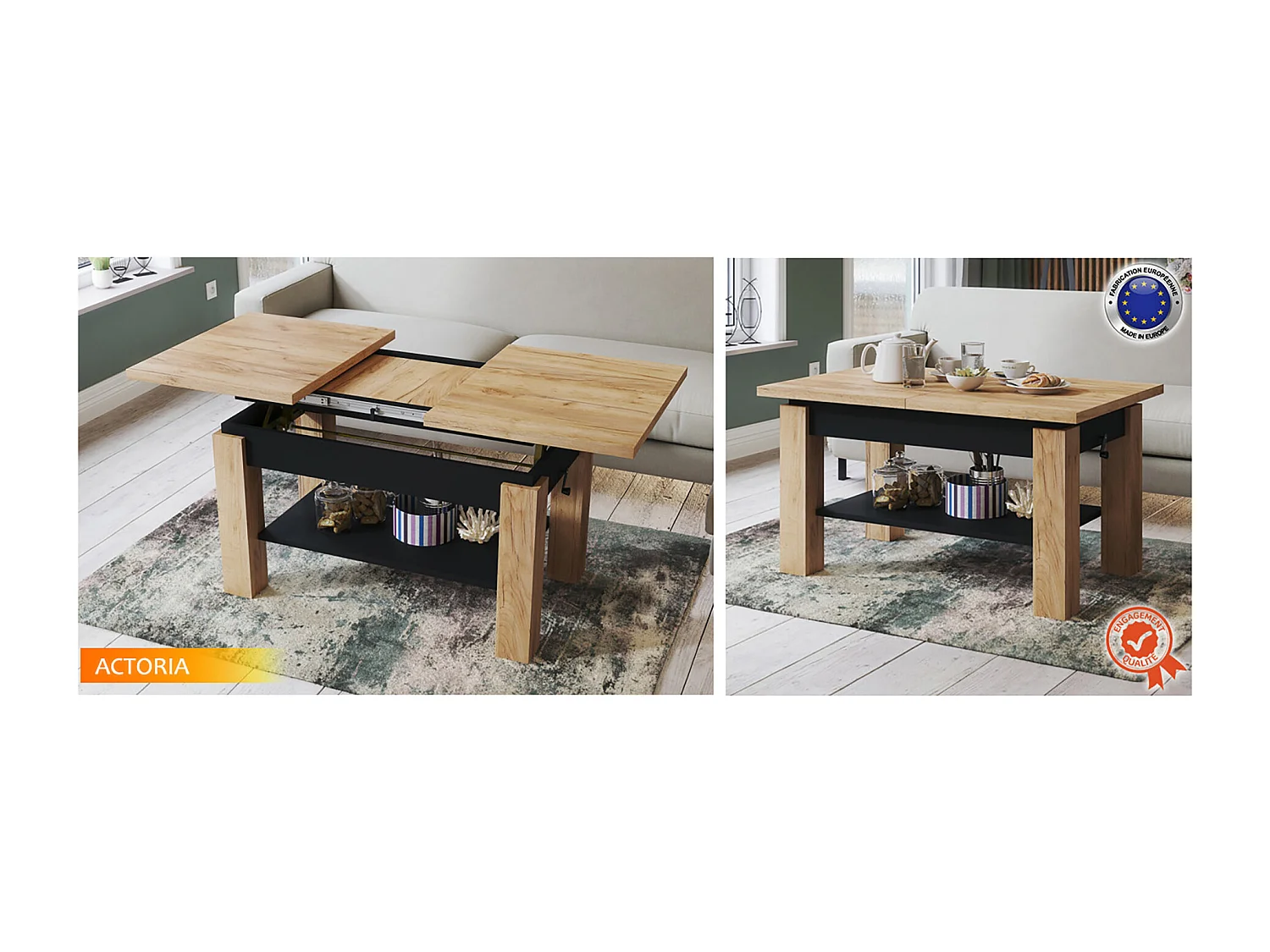 TABLE BASSE ACTORIA NOIR BOIS RELEVABLE ET EXTENSIBLE JUSQU'A 150 CM