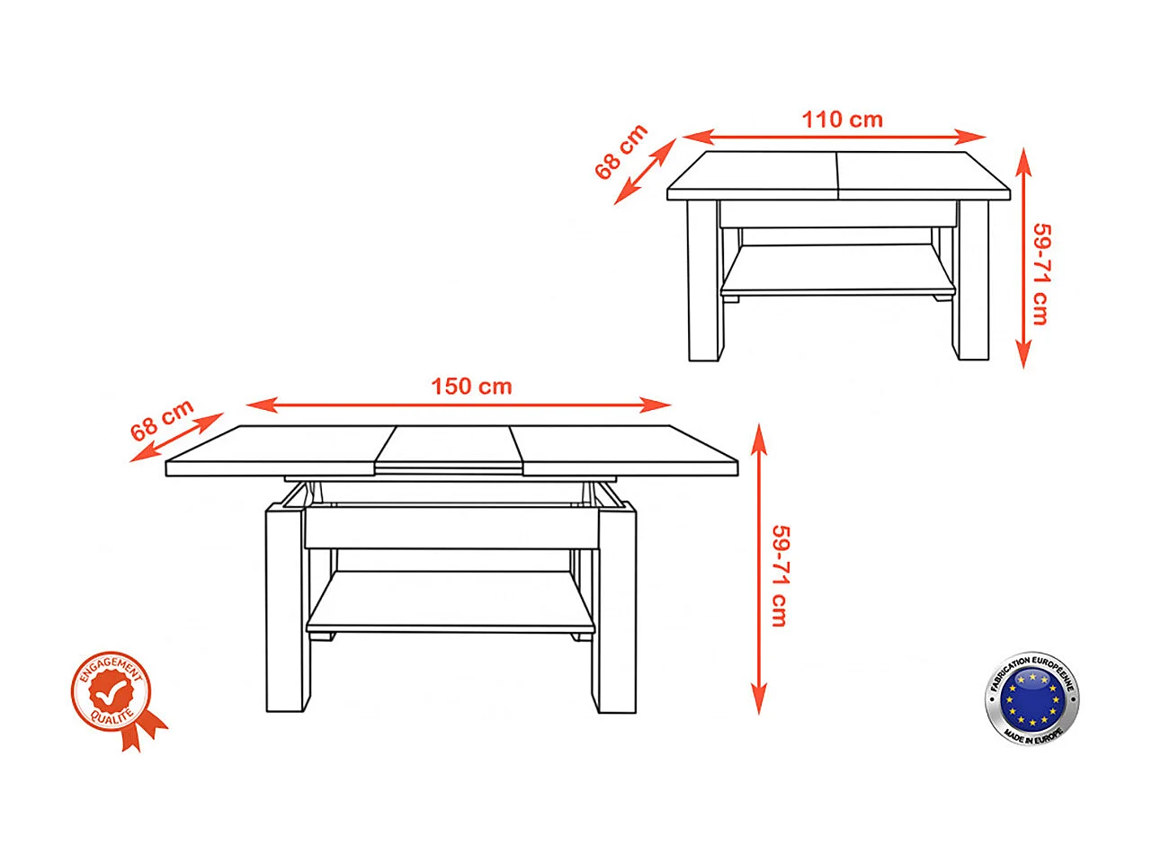 TABLE BASSE ACTORIA NOIR BOIS RELEVABLE ET EXTENSIBLE JUSQU'A 150 CM
