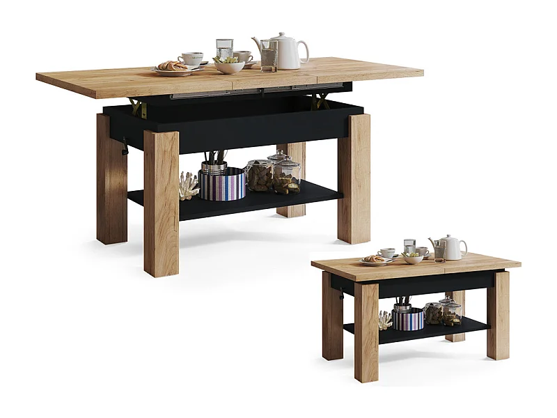 TABLE BASSE ACTORIA NOIR BOIS RELEVABLE ET EXTENSIBLE JUSQU'A 150 CM