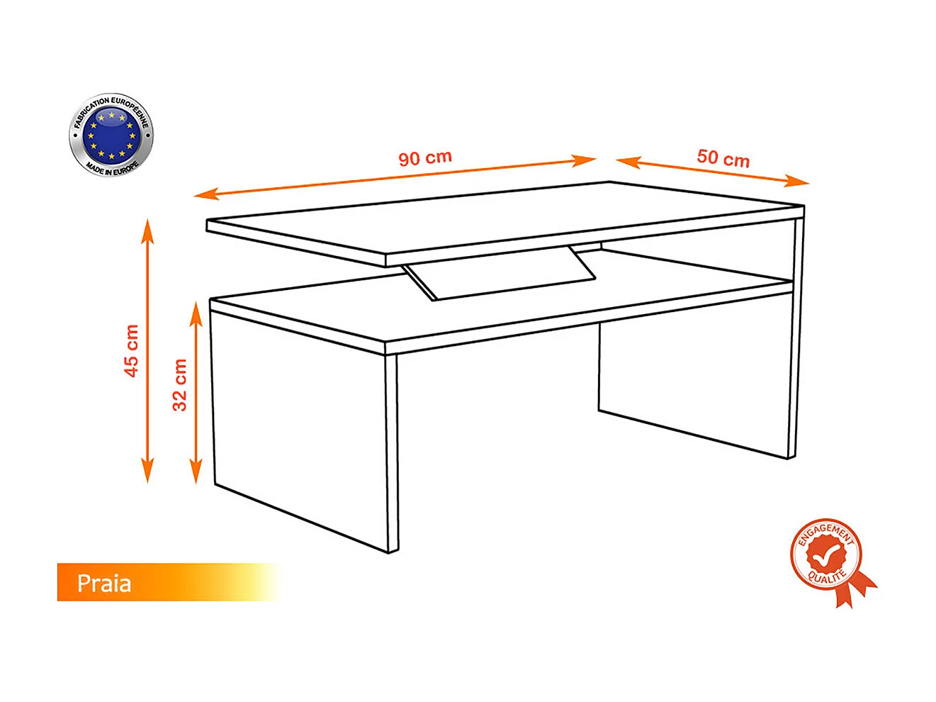 Table basse - PRAIA - Noir et finition bois avec rangement 90-50 cm
