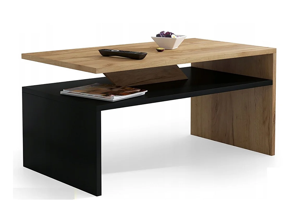 Table basse - PRAIA - Noir et finition bois avec rangement 90-50 cm