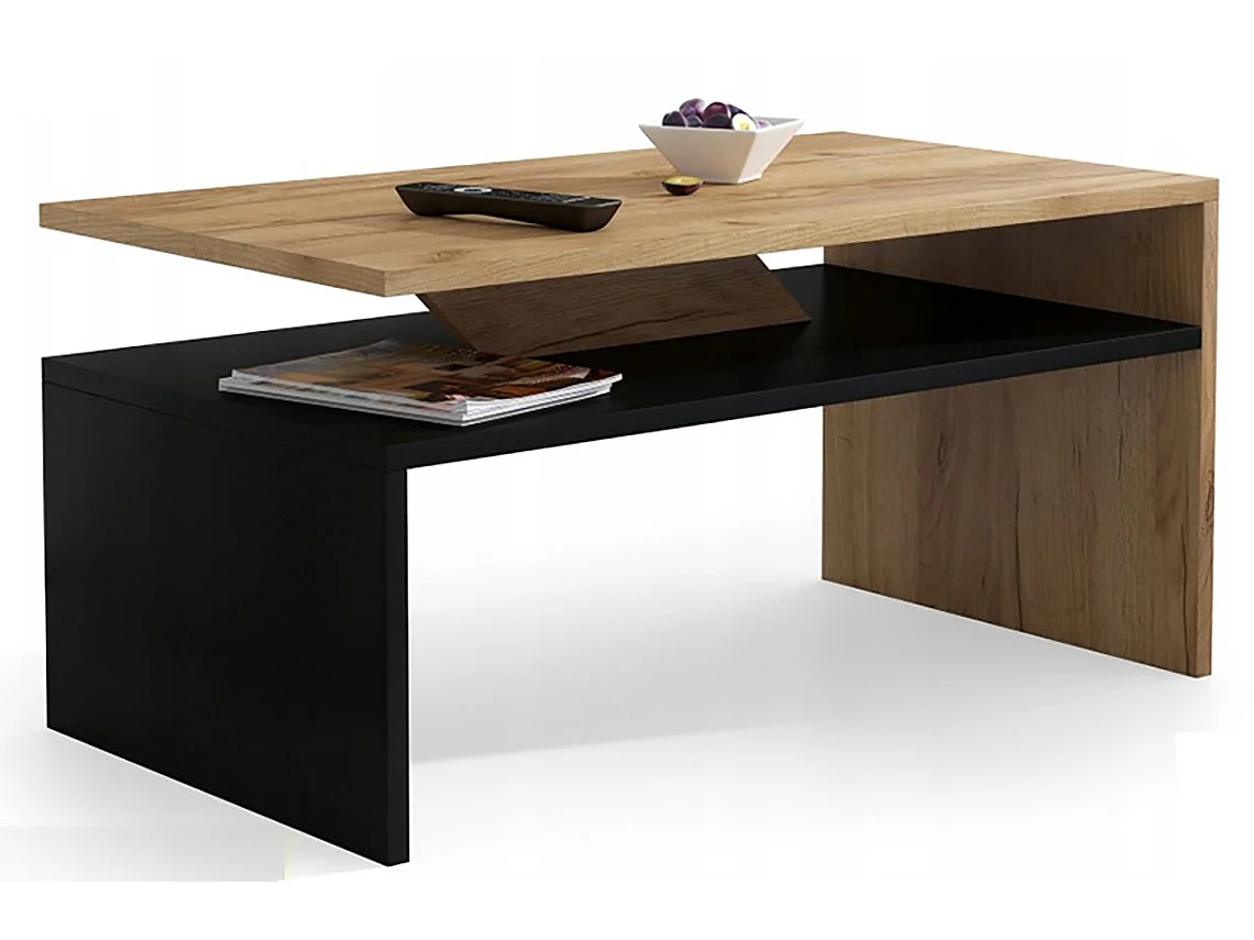 Table basse - PRAIA - Noir et finition bois avec rangement 90-50 cm