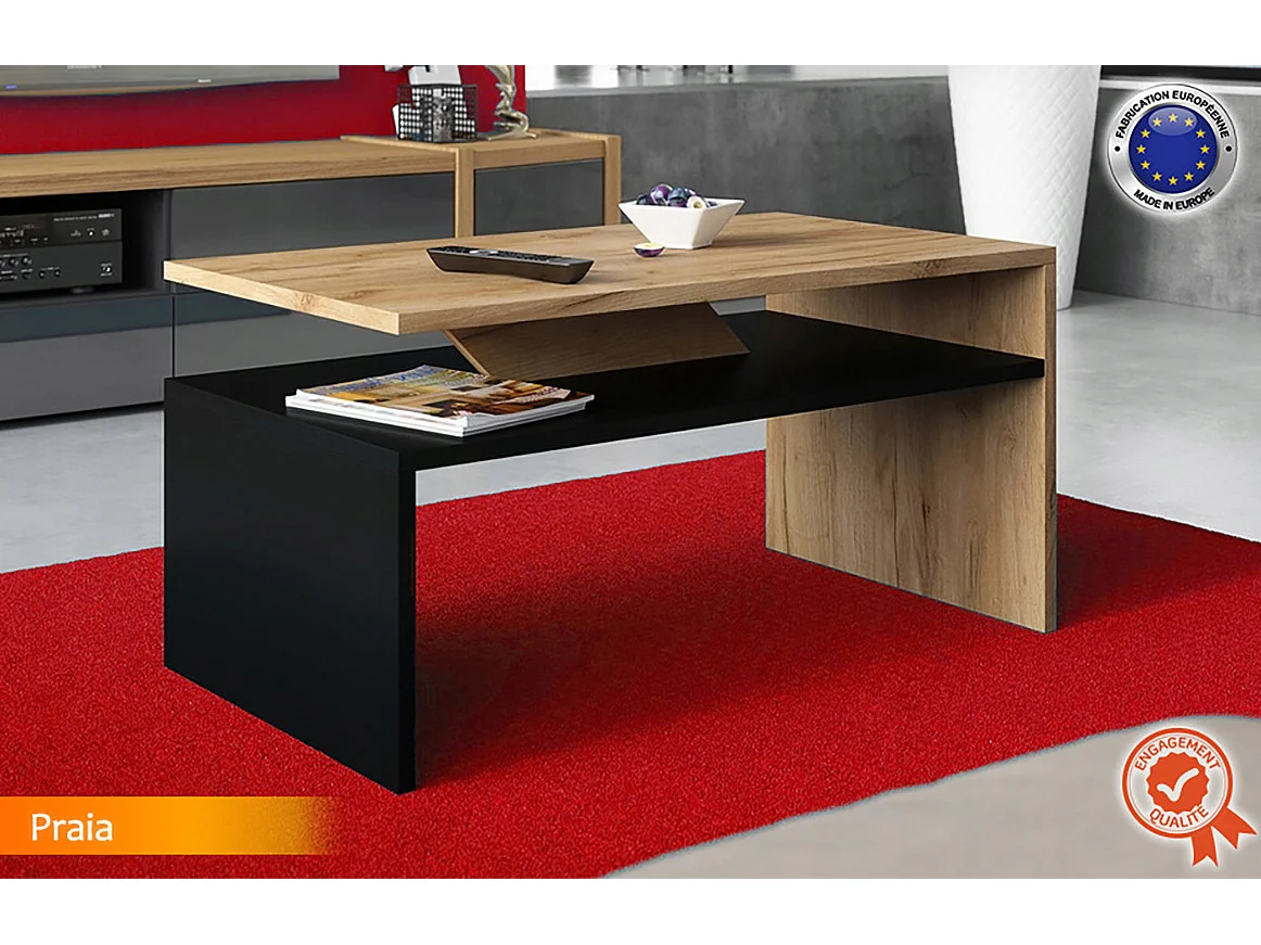 Table basse - PRAIA - Noir et finition bois avec rangement 90-50 cm