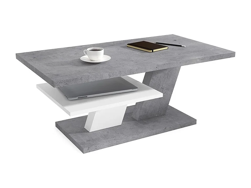 TABLE BASSE BELVEDERE BETON 110 CM AVEC ETAGERE BLANC