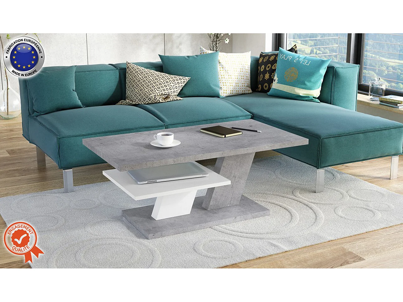 TABLE BASSE BELVEDERE BETON 110 CM AVEC ETAGERE BLANC