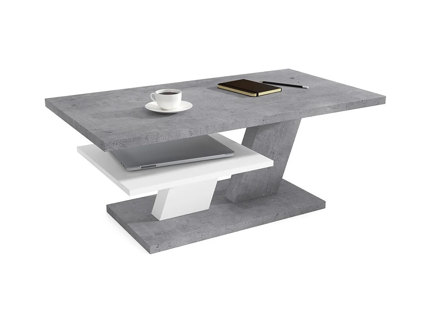 TABLE BASSE BELVEDERE BETON 110 CM AVEC ETAGERE BLANC