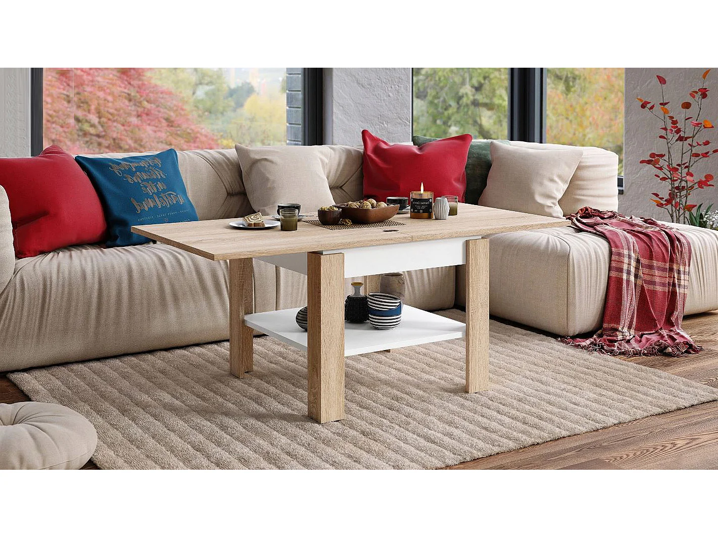 TABLE BASSE LEONOR BOIS / BLANC EXTENSIBLE JUSQU'A 130 CM