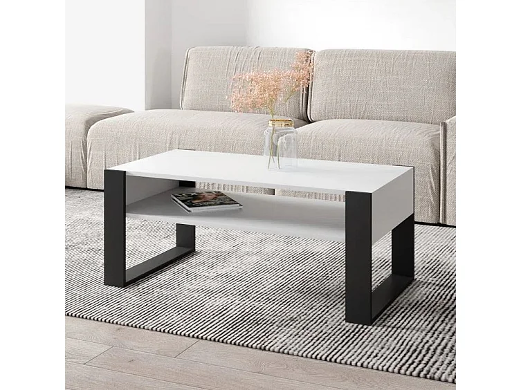 TABLE BASSE LOVY BLANC / NOIR - STYLE INDUSTRIEL - 120cm x 64 cm