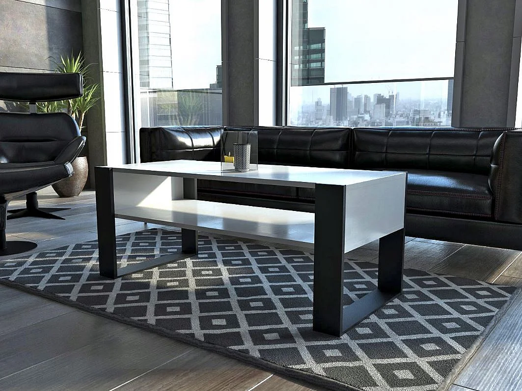TABLE BASSE LOVY BLANC / NOIR - STYLE INDUSTRIEL - 120cm x 64 cm