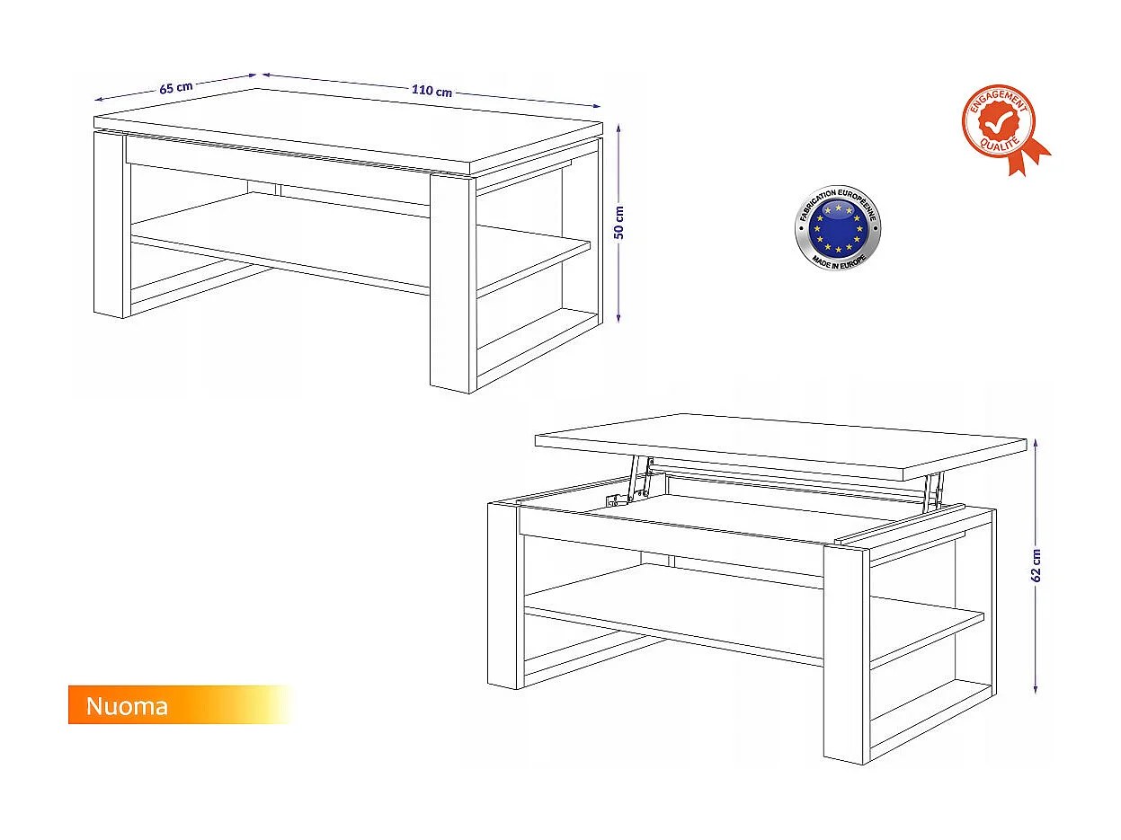 TABLE BASSE NUOMA BOIS / GRIS RELEVABLE 65X110