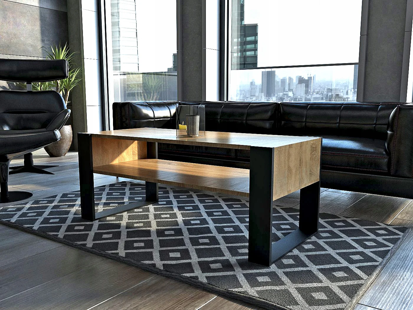 TABLE BASSE LOVY CHENE / NOIR - STYLE INDUSTRIEL - 120cm x 64 cm