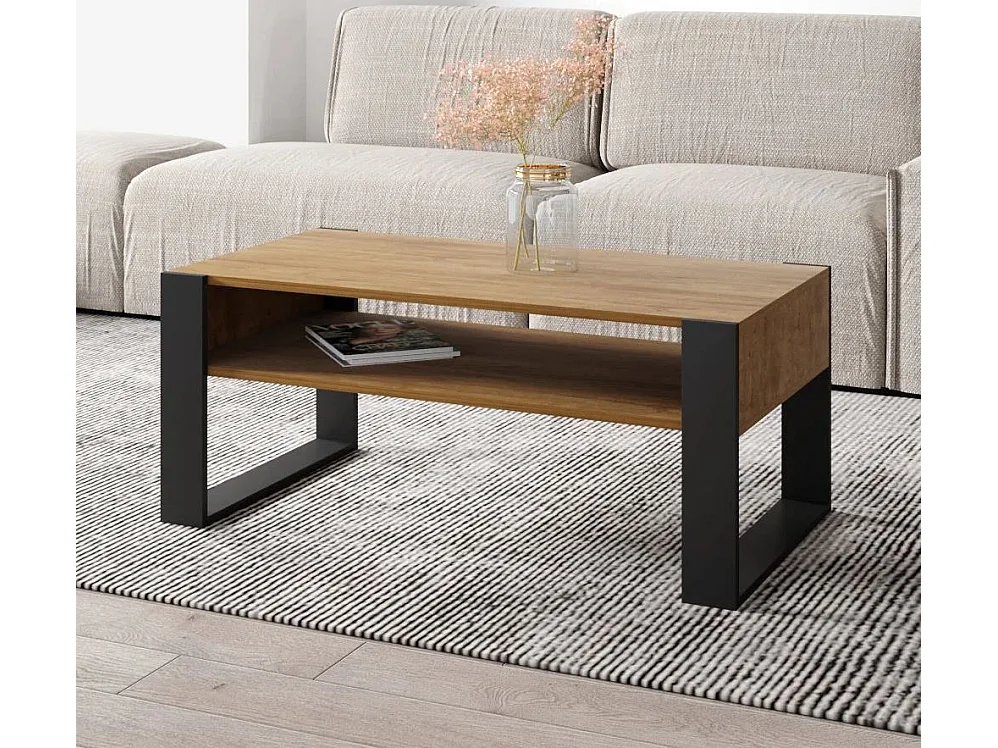 TABLE BASSE LOVY CHENE / NOIR - STYLE INDUSTRIEL - 120cm x 64 cm