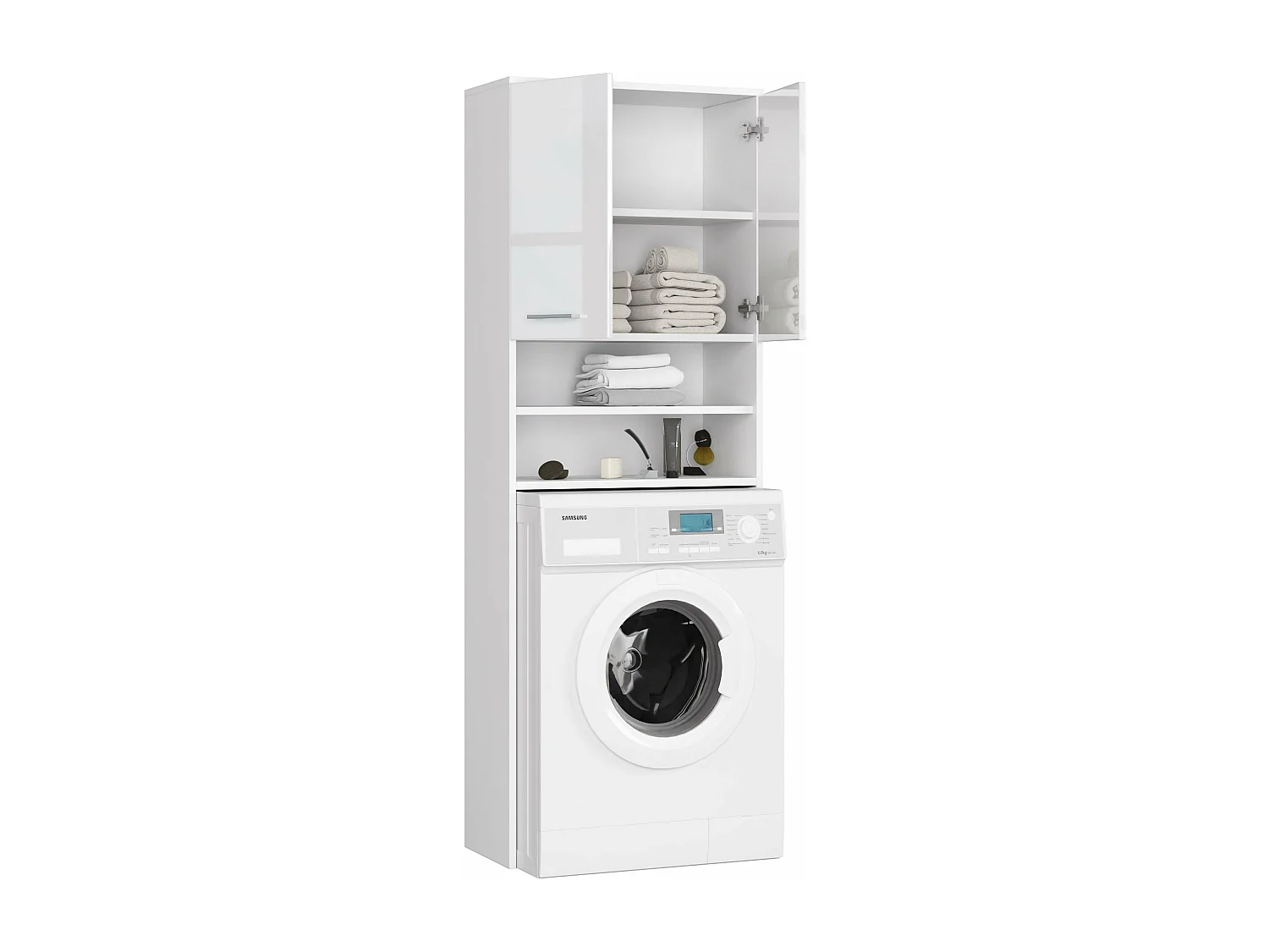 meuble machine a laver 2 portes façade blanc brillant 4 étagères 64x30x180 cm