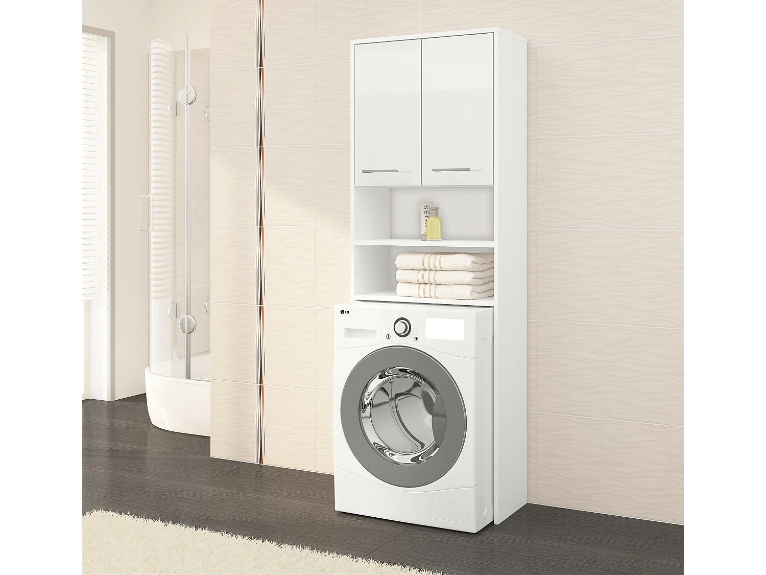 meuble machine a laver 2 portes façade blanc brillant 4 étagères 64x30x180 cm