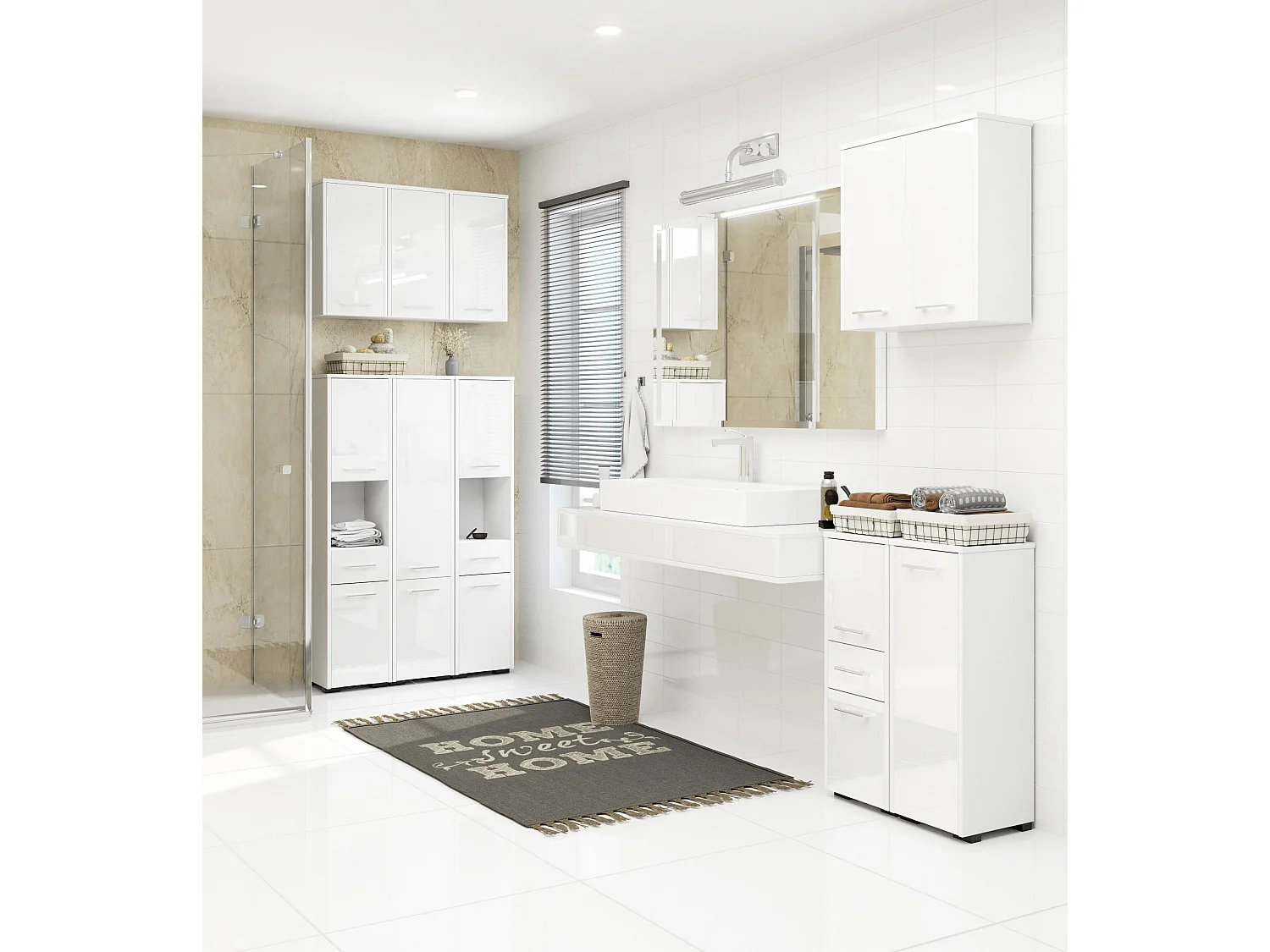 meuble machine a laver 2 portes façade blanc brillant 4 étagères 64x30x180 cm