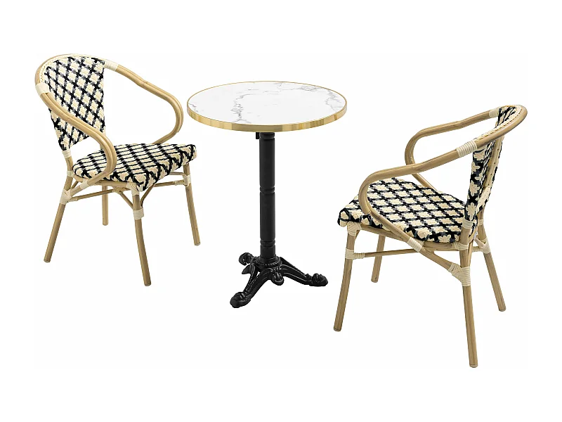 Ensemble table de terrasse marbre blanc et 2 chaises noir