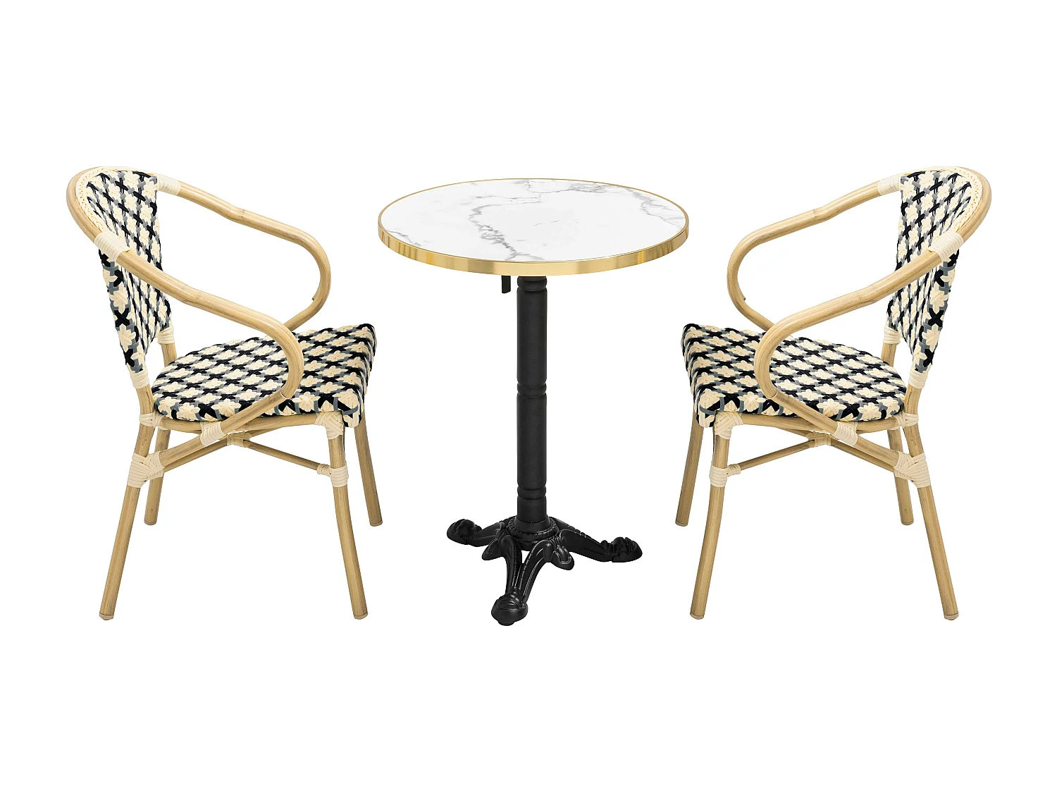 Ensemble table de terrasse marbre blanc et 2 chaises noir