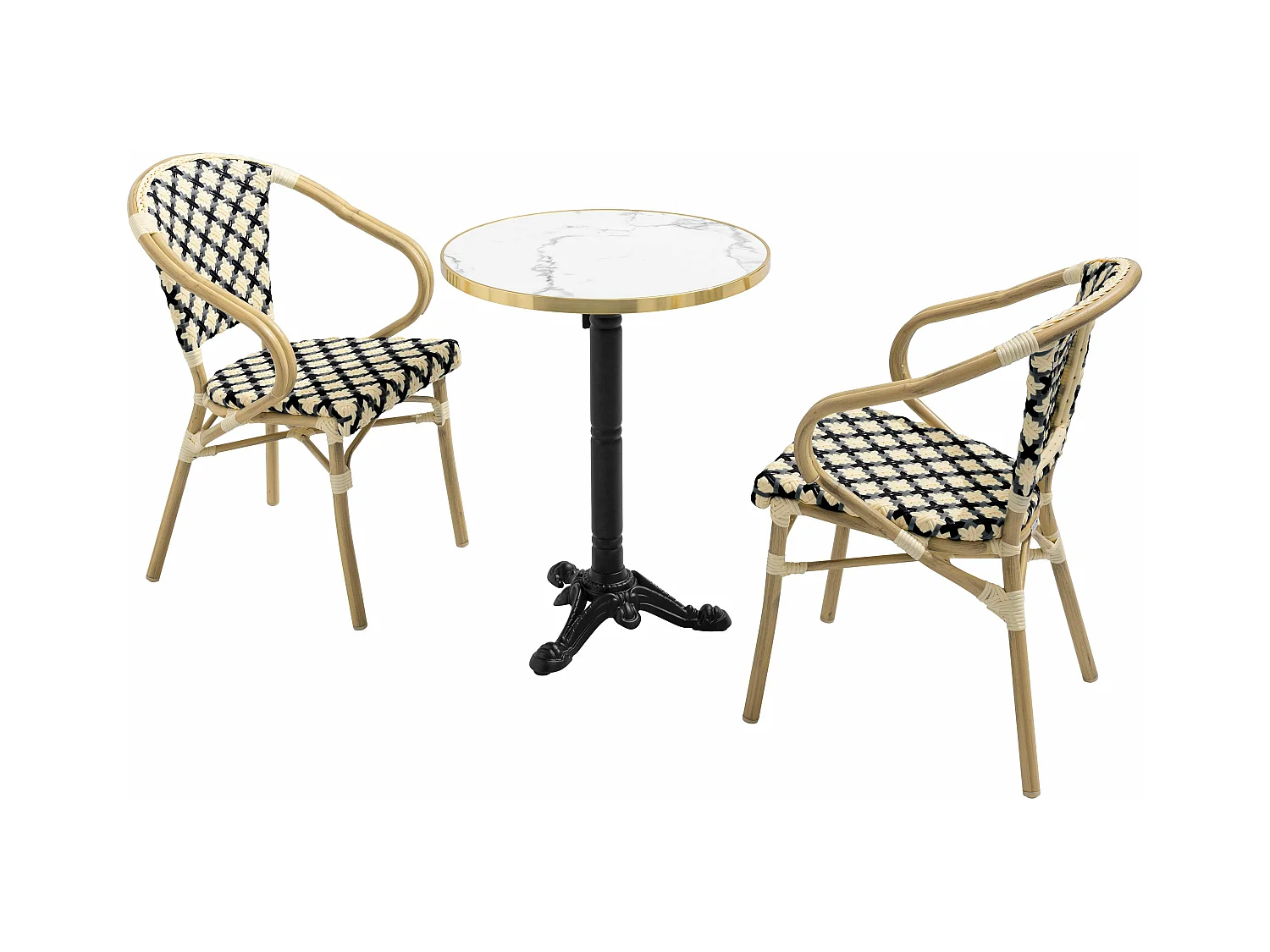 Ensemble table de terrasse marbre blanc et 2 chaises noir
