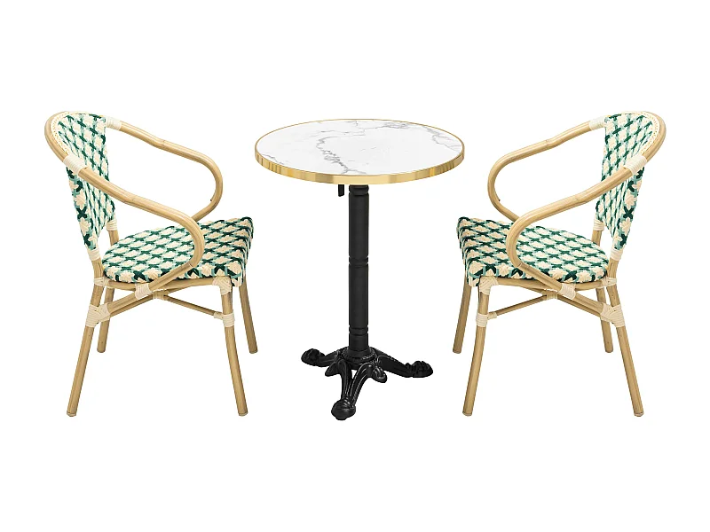 Ensemble table de terrasse marbre blanc et 2 chaises vert