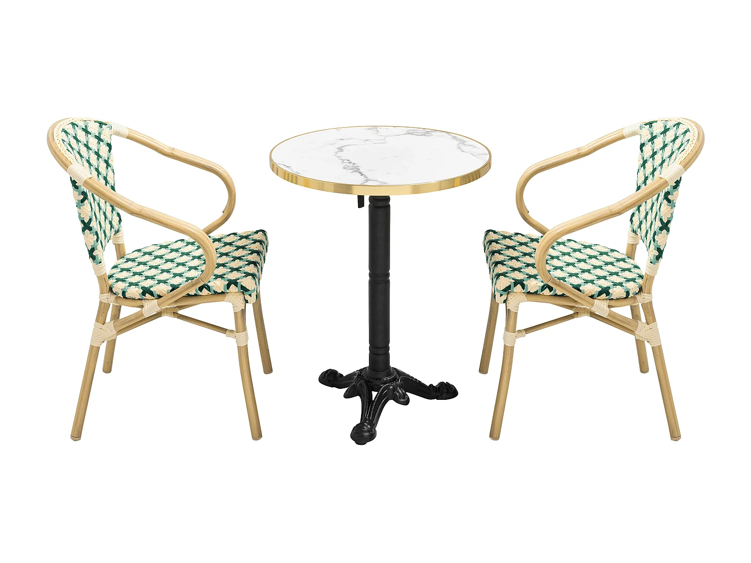 Ensemble table de terrasse marbre blanc et 2 chaises vert
