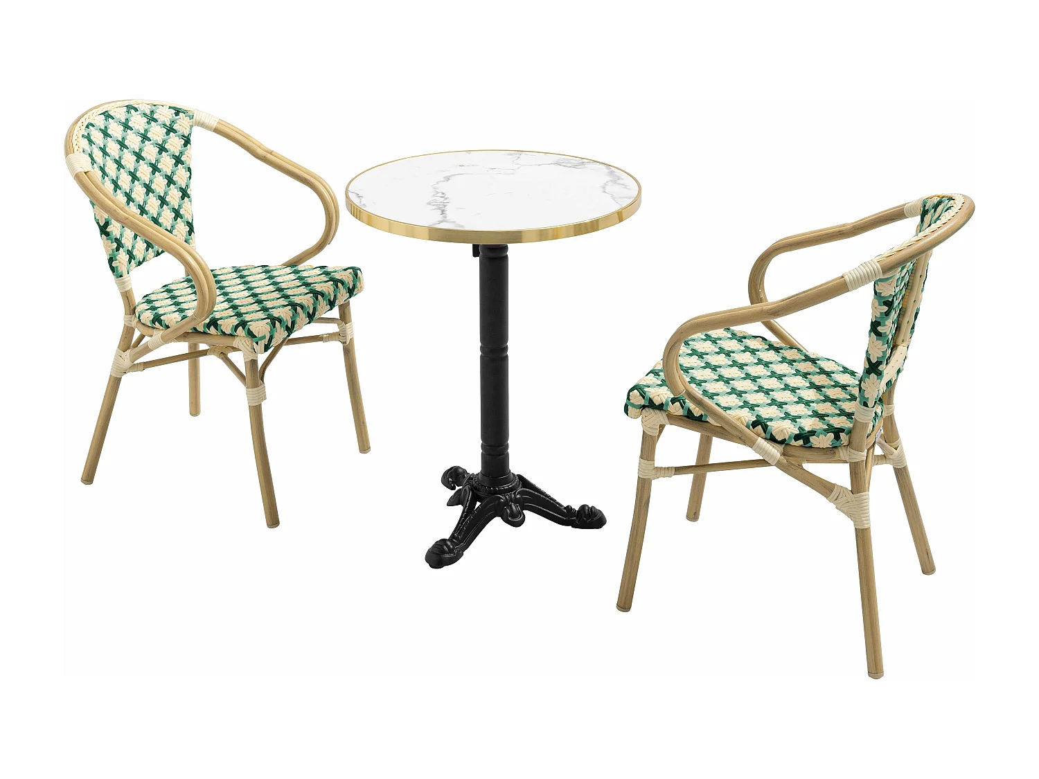 Ensemble table de terrasse marbre blanc et 2 chaises vert
