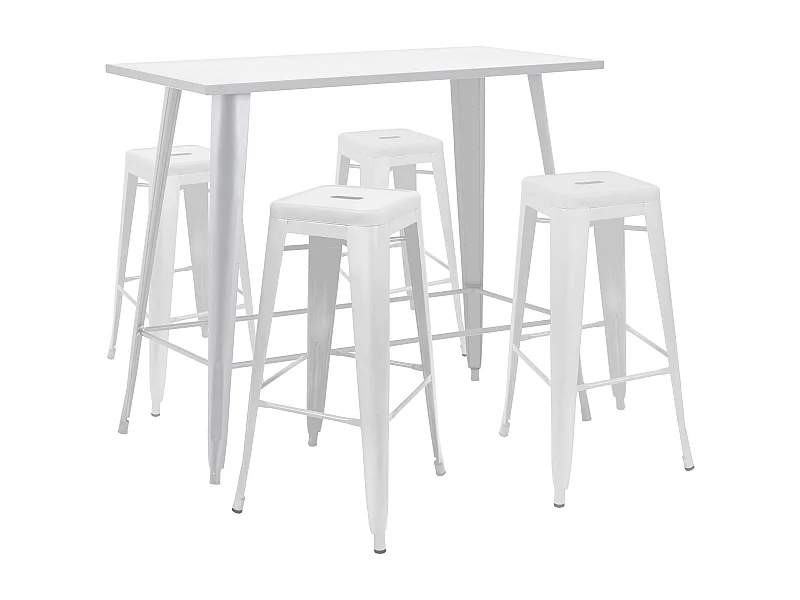 Hoge tuintafel en 4 krukken in wit metaal