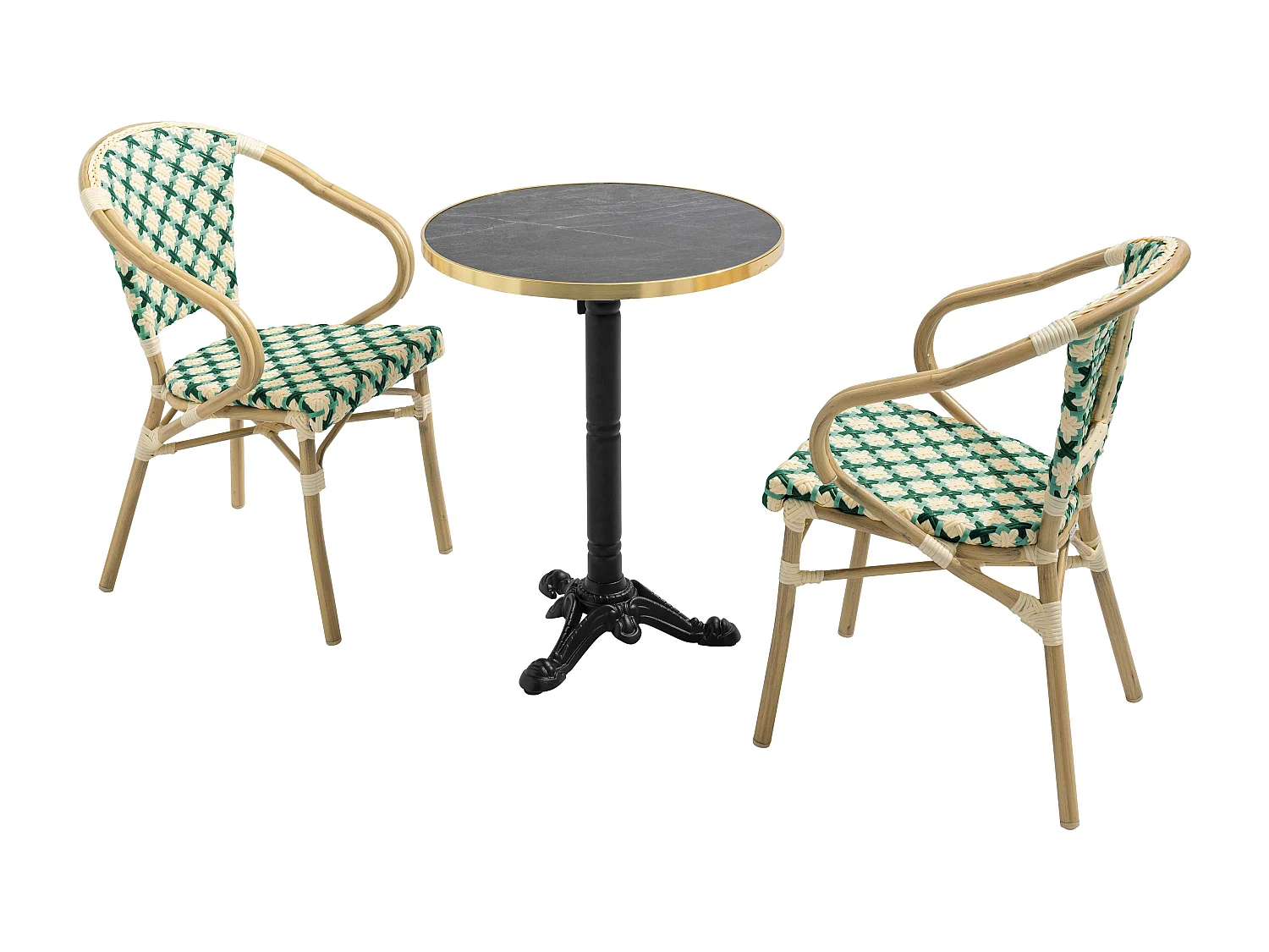 Ensemble table de terrasse marbre noir et 2 chaises vert