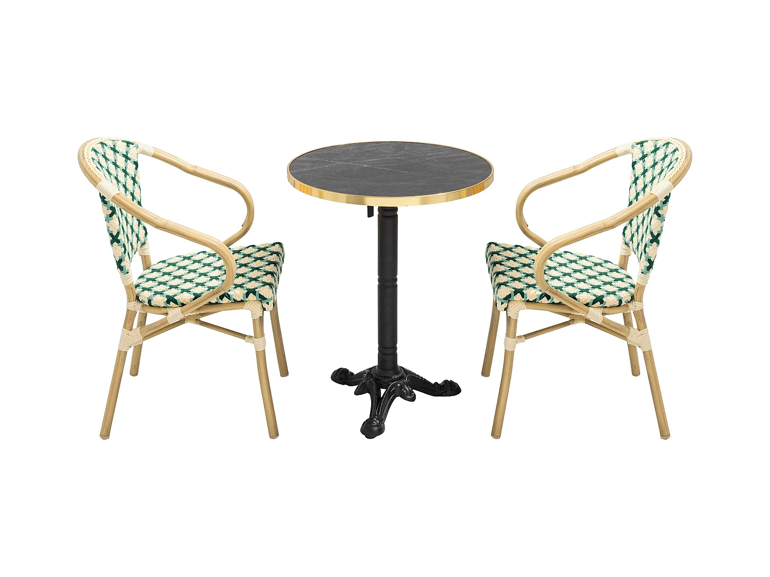 Ensemble table de terrasse marbre noir et 2 chaises vert