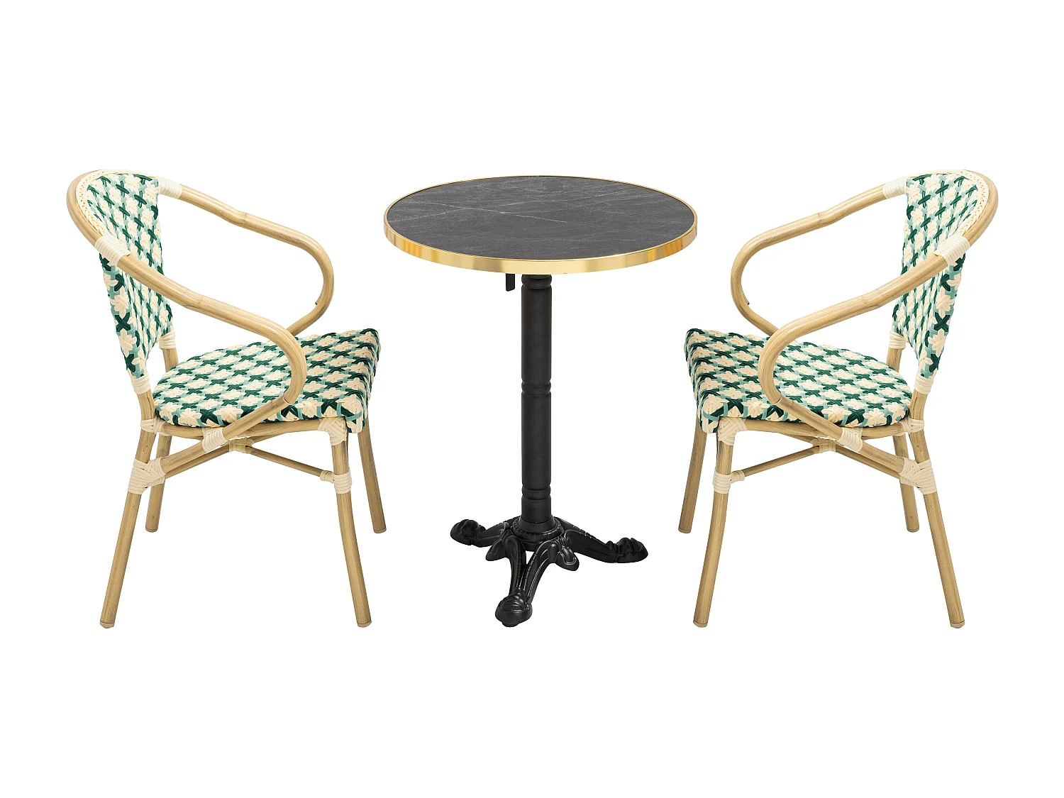Ensemble table de terrasse marbre noir et 2 chaises vert