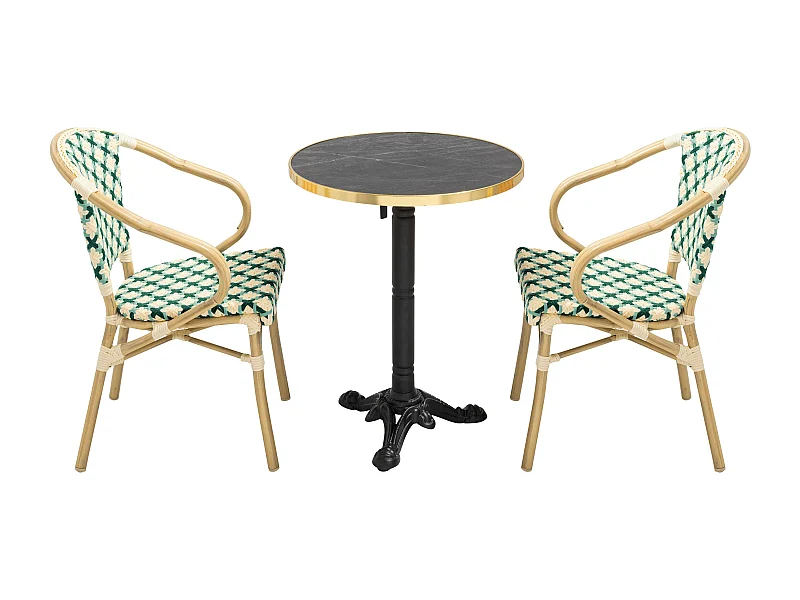Ensemble table de terrasse marbre noir et 2 chaises vert