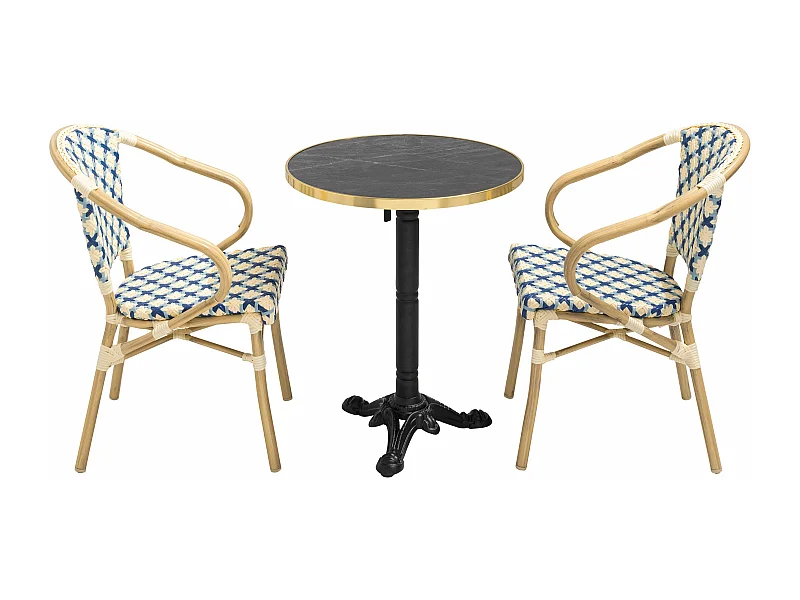 Ensemble table de terrasse marbre noir et 2 chaises bleu