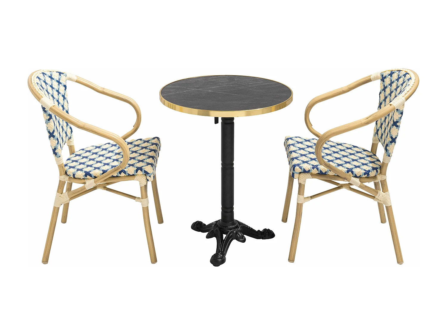 Ensemble table de terrasse marbre noir et 2 chaises bleu