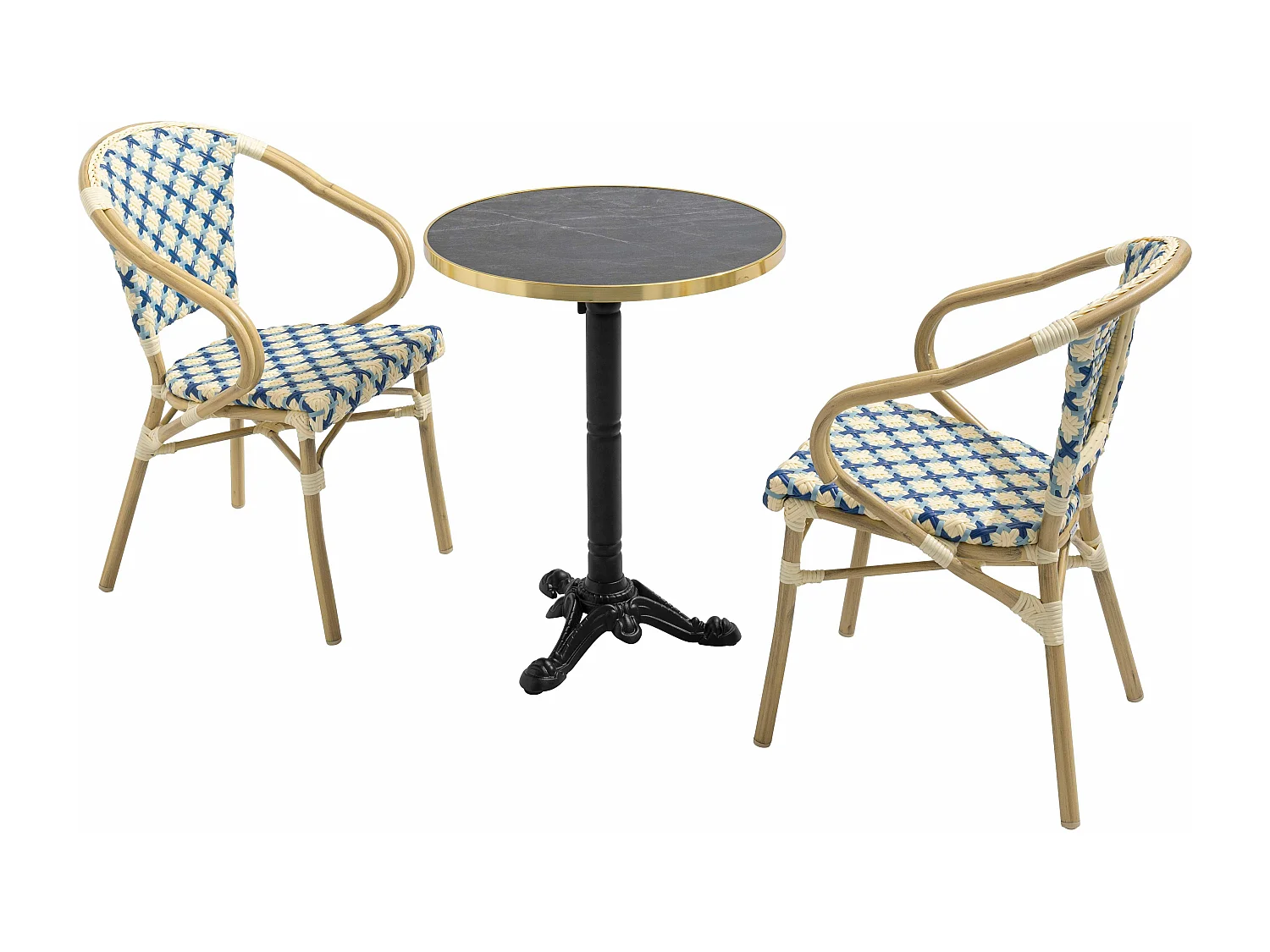 Ensemble table de terrasse marbre noir et 2 chaises bleu