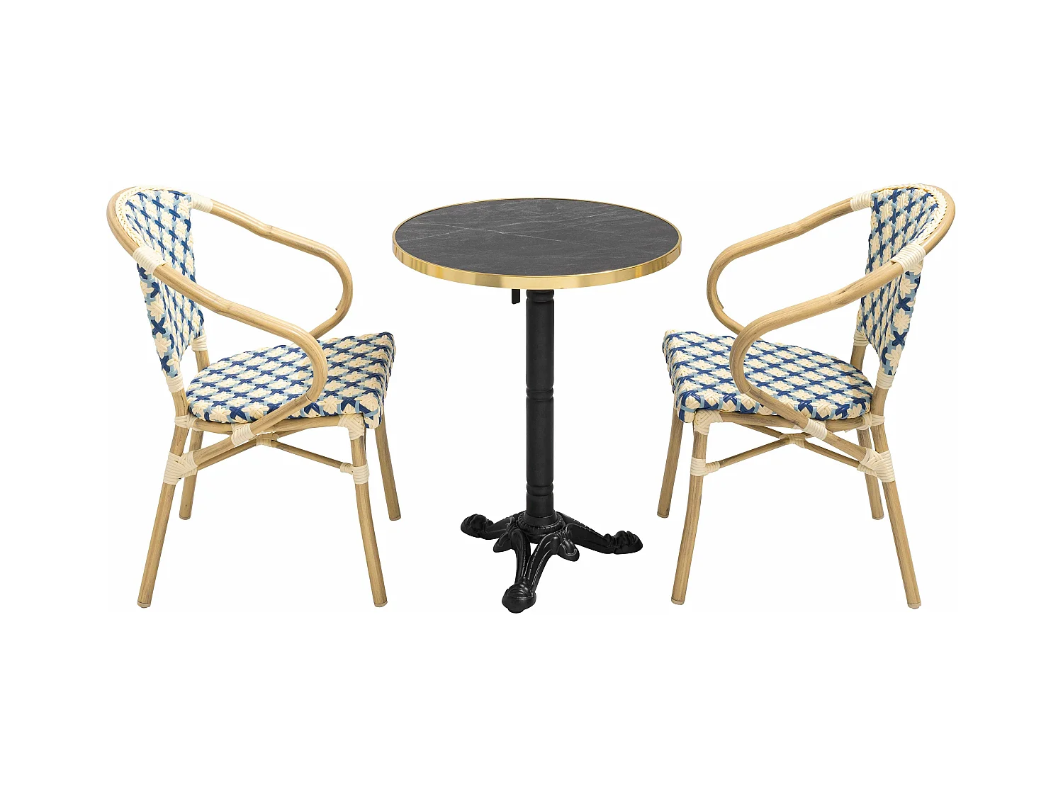Ensemble table de terrasse marbre noir et 2 chaises bleu