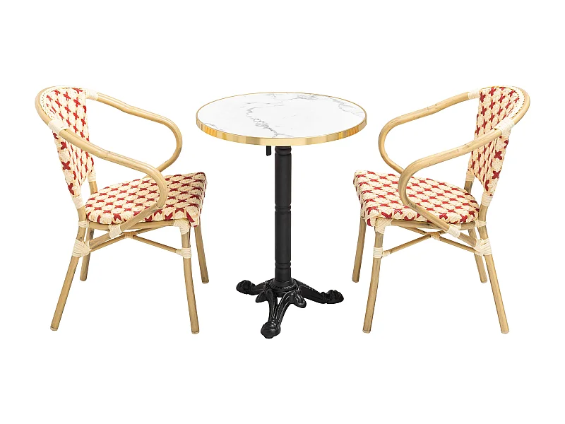 Ensemble table de terrasse marbre blanc et 2 chaises rouge